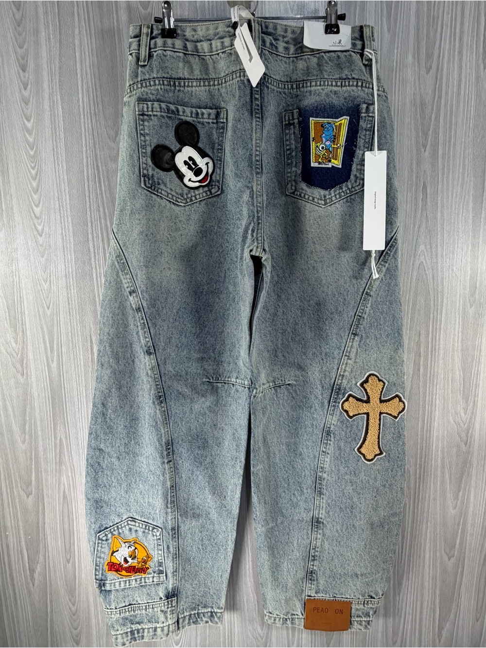 Barrel Wide Leg Denim Jeans Vintage Wash Patches Cartoon Disney Streetwear Sz 31